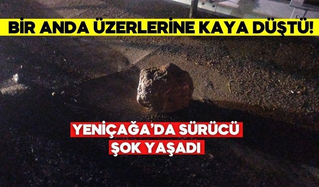 Bolu Yeniçağa’da otomobilin üzerine kaya düştü